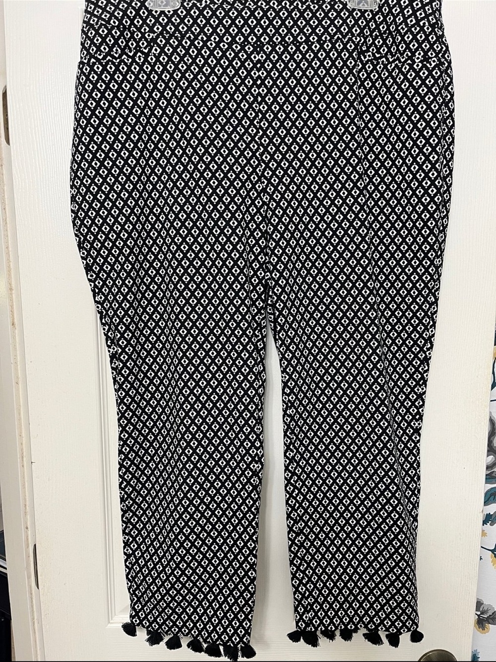 Chico's Black & Cream Diamond-Print Cropped Pants with Tassel Hem